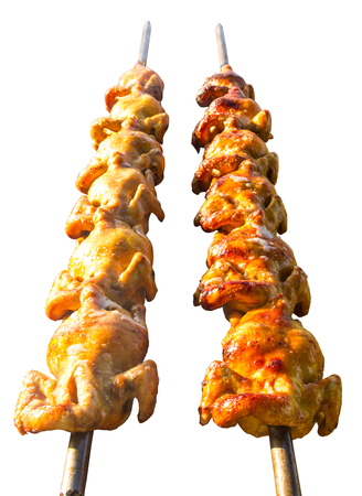 Grilled chicken isolates, both of which are fat bubble to the skin cooked, ready to eat with a large spit.の写真素材