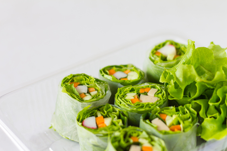 Close up delicious salad roll in a clear plastic box eat healthy and lose weight.の写真素材