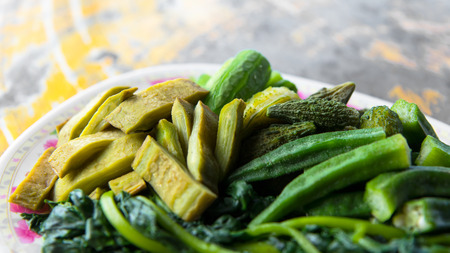 Close-boiled vegetables, herbs, health food, which is common in rural Thailand.の写真素材