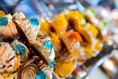 Close pancake Thailand cream and jelly colors, which sold the foam is white yummy desserts.の写真素材