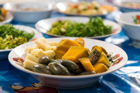 Boil and then boiled vegetables to chili as a side dish popular in Thailand, such as pumpkins, corn, eggplant.の写真素材