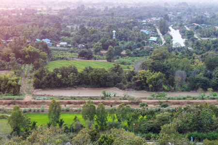 View from the top of the wooded forest, which grows alongside farmland in rural Thailand.の写真素材