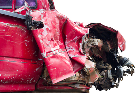 Isolation of close-up images from the side and front of the old red car, which was demolished by accident.の写真素材