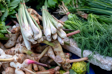 Close-up of a bunch of galangal, lemongrass, mixed with other vegetables that are commonly found in the Thai market.の写真素材