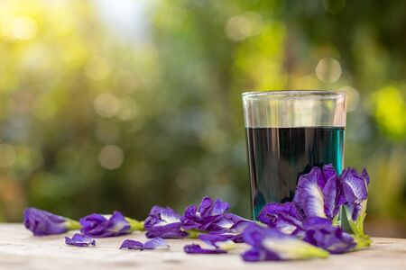 Close up shot of a glass of water filled with purple pea flowers placed on the ground with a blurred light in green bokeh.の写真素材
