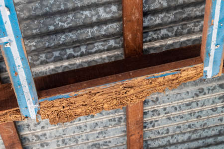 A close-up of a wooden structure that has been decaying by termite bites under the galvanized roof...