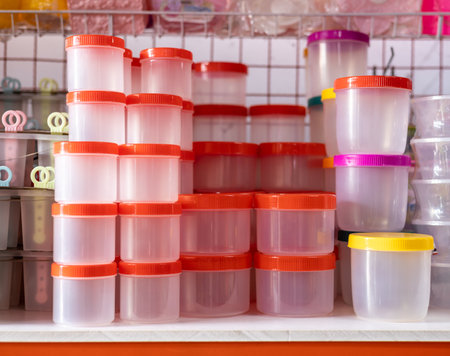 Close-up of a group of clear plastic jars with colorful lids stacked on top of each other for retail sale within a store, common in Thai rural markets.の写真素材