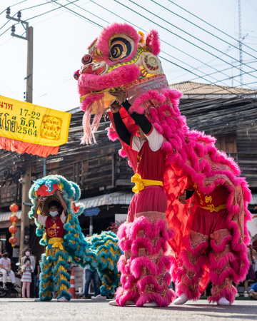 Phichit, Thailand - December 18, 2021: Thai teenagers perform a beautiful lion head puppet show at the annual carnival on the street near the old wooden house building.のeditorial素材