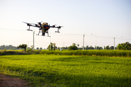 A view of a large drone in flight reflecting the midday sunlight to spray pesticides over the green paddy fields and rows of trees and power poles common in rural Thailand.の写真素材