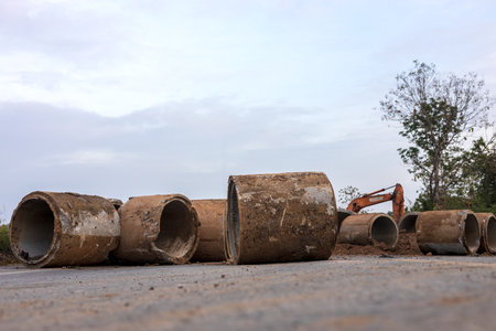 Low angle view of large old concrete pipes, which are damaged and soiled with mud, are piled up and...