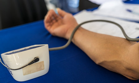 Close-up view of doctor hand measuring blood pressure by strapping device to patient's arm lying on...