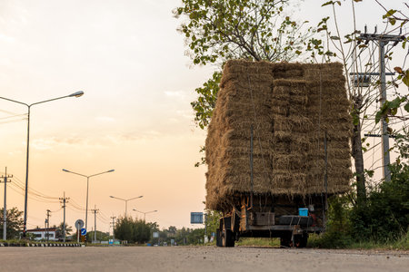 A section of an agricultural vehicle loaded with bales of straw is parked on the side of a road near...