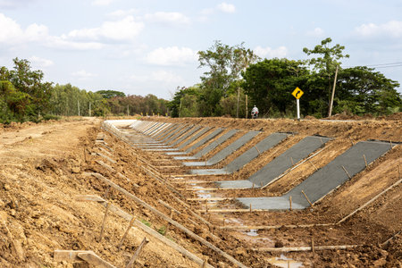 View of the concrete wall construction structure which is attached to the soil along the canal shore...