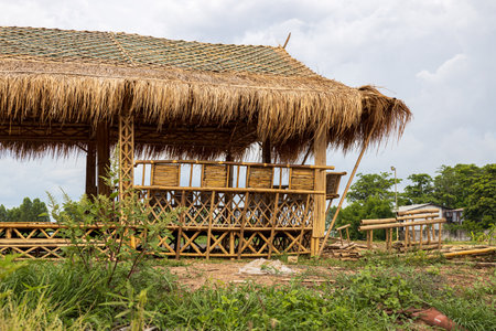 Low angle view of a bamboo frame shelter hut with a vetiver grass roof installed on a mound with overgrown grass and cloudy sky in the background in an area of ââthe Thai countryside.の写真素材