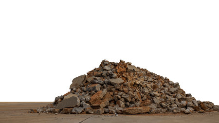 Isolated, low angle view, broken pieces of cement concrete wall which were demolished, excavated,...