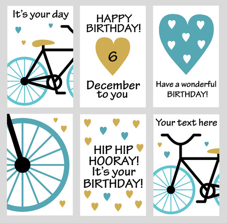 Set of 6 cute creative cards templates with Happy birthday theme design. Hand Drawn card for birthday, anniversary, party invitations, scrapbooking. Vector illustrationのイラスト素材