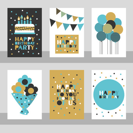 Set of 6 cute creative cards templates with Happy birthday theme design. Hand Drawn card for birthday, anniversary, party invitations, scrapbooking. Vector illustrationのイラスト素材