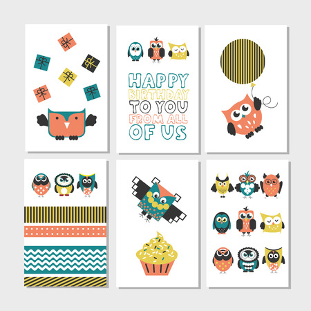 Set of 6 cute creative cards templates with Happy birthday theme design. Hand Drawn card for birthday, anniversary, party invitations, scrapbooking. Vector illustrationのイラスト素材