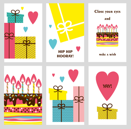 Set of 6 cute creative cards templates with Happy birthday theme design. Hand Drawn card for birthday, anniversary, party invitations, scrapbooking. Vector illustrationのイラスト素材
