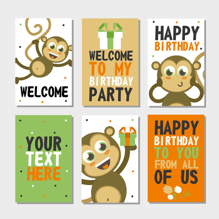 Set of 6 cute creative cards templates with Happy birthday theme design. Hand Drawn card for birthday, anniversary, party invitations, scrapbooking. Vector illustrationのイラスト素材