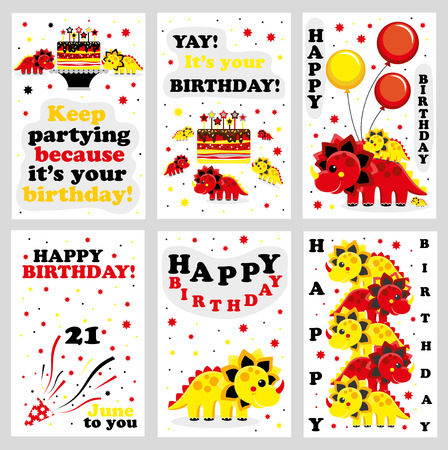 Set of 6 cute creative cards templates with Happy birthday theme design. Hand Drawn card for birthday, anniversary, party invitations, scrapbooking. Vector illustrationのイラスト素材