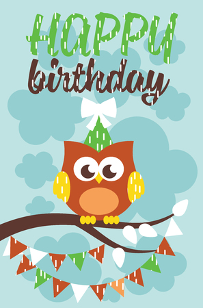 Happy owl birthday card design. Vector illustrationのイラスト素材