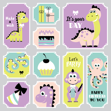 Cute Happy Birthday stickers set. Vector illustrationのイラスト素材