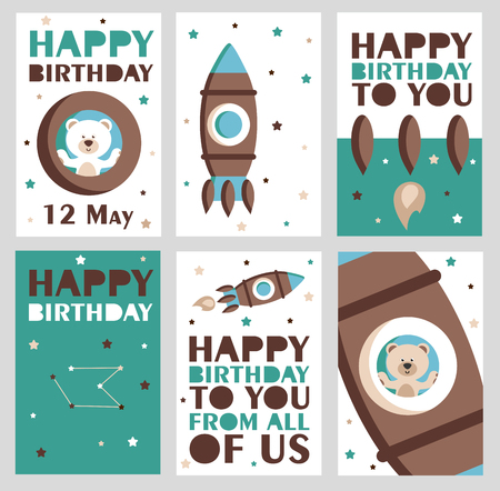 Set of 6 cute creative cards templates with Happy birthday theme design. Hand Drawn card for birthday, anniversary, party invitations, scrapbooking. Vector illustrationのイラスト素材