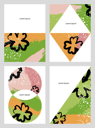 Set of creative universal art posters in tropical style. Hand Drawn textures. Wedding, anniversary, birthday, Valentine's day, party invitations. Vector illustrationのイラスト素材