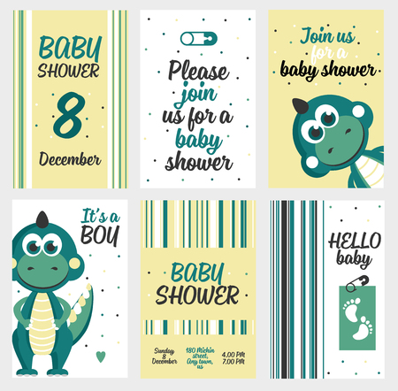 Set of 6 cute creative cards templates with baby shower theme design. Hand Drawn card for birthday, anniversary, party invitations, scrapbooking. Vector illustrationのイラスト素材