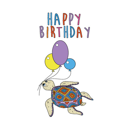 Cute greeting card with fun turtle. Vector illustrationのイラスト素材