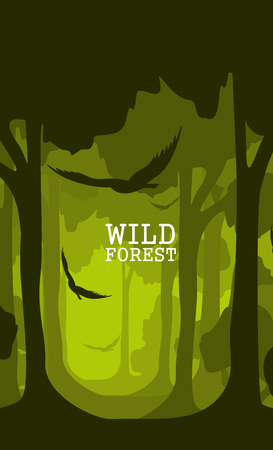 Vertical abstract banners of wild bird in forest with trunks of treesのイラスト素材