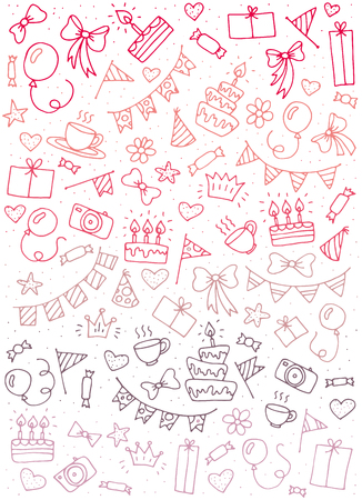 Hand drawn happy birthday party icons. Vector Illustrationのイラスト素材