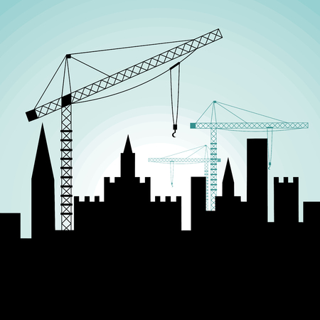 Construction site with buildings and cranes. Skyscraper under construction. Vector illustrationのイラスト素材