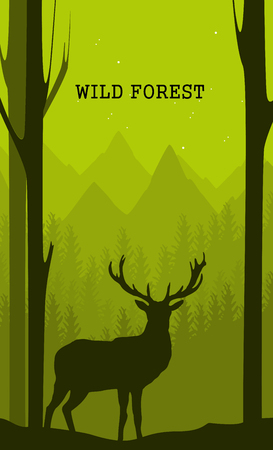 Vertical abstract banner of wild deer in forest with trunks of treesのイラスト素材