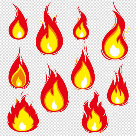 Fire icons vector set isolated on background. Colorful flames in the popular flat style. Simple, abstract icons bonfire.のイラスト素材