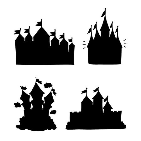 Castle vector icon, isolated on white.Tower in a flat style, black silhouette. Medieval house. Knights, Royal, princess building.Vintage fairytale symbolのイラスト素材