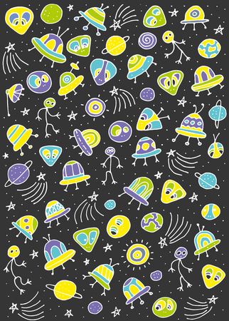 Doodle space elements. Vector illustration with hand drawn doodle space elements for wallpaper, wrapping, textile prints. Vector Illustration. eps10のイラスト素材