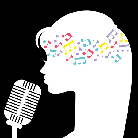 Abstract silhouette design of a girl singing with a classic microphone. Vector Illustrationのイラスト素材