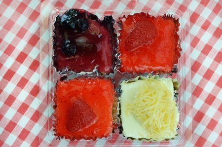 Cheesecake and strawberry jam cake on fabricの写真素材