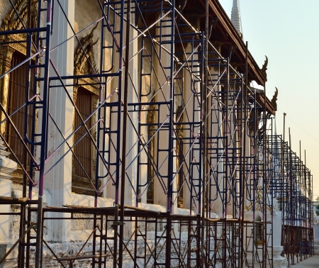 Renovation of old church with scaffolding, Thailandの写真素材