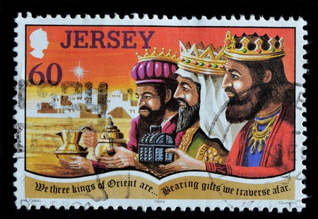 JERSEY - CIRCA 1994 : Postage stamp printed in Jersey shows the three kings, circa 1994のeditorial素材