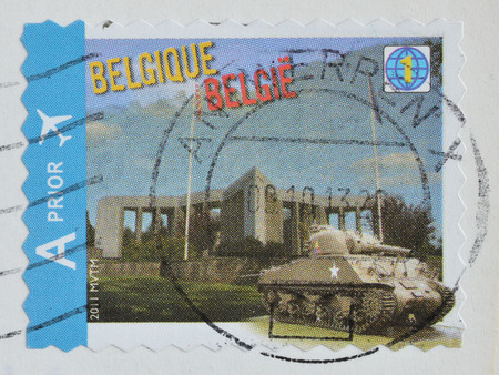 BELGIUM - CIRCA 2011: A stamp printed in Belgium shows Tank with Mardasson Memorial - A Prior 1,...