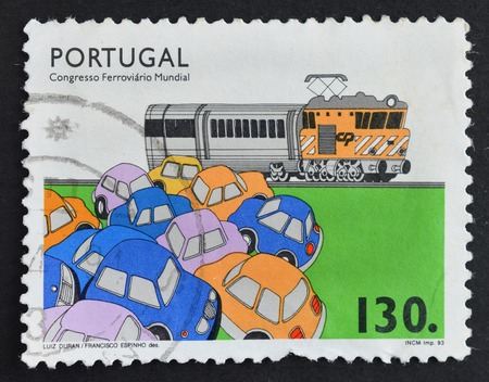 PORTUGAL - CIRCA 1993 : postage stamp printed in Portugal shows Railway World Congress , series, circa 1993のeditorial素材