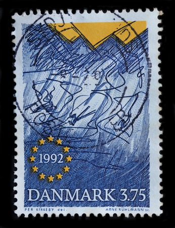 DENMARK - CIRCA 1992 :  postage stamp printed by denmark shows painting by Per Kirkeby, circa 1992のeditorial素材