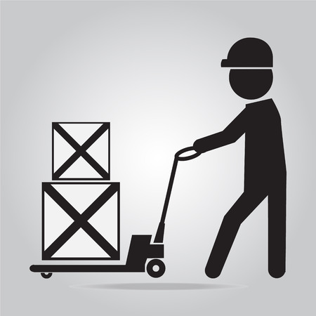 Man with hand pallet jack lift sign, Hand Pallet Truck illustrationのイラスト素材