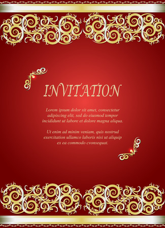 Invitation card, wedding card with golden ornamental on red backgroundのイラスト素材