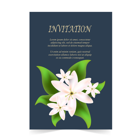 Invitation card, wedding card with white flowers bouquet in spring time on navy blue backgroundのイラスト素材