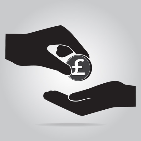 Coin in hand icon. Pound currency sign. Exchange or Donate conceptのイラスト素材