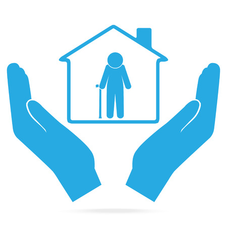 Nursing home for elderly man in hand blue icon.のイラスト素材